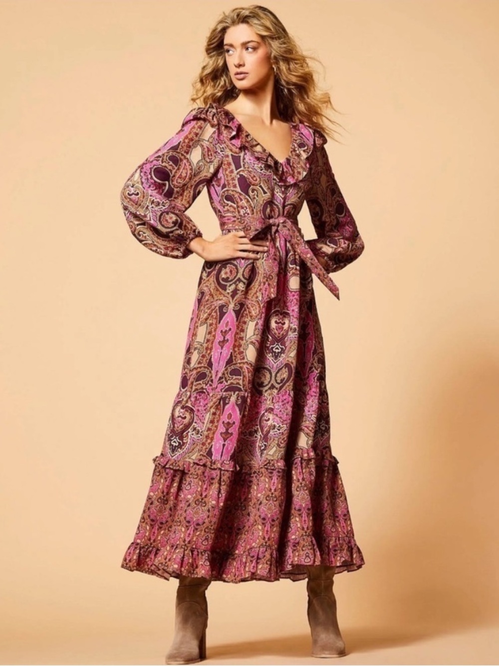 A LOVES A Paisley Printed Ruffled Linen V-Neck Maxi Dress XS NWT NEW Sleeves